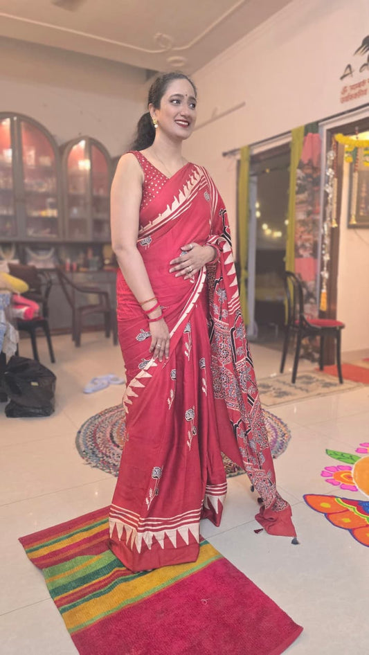 Kumkum Ajrakh- Pure Modal Silk Saree