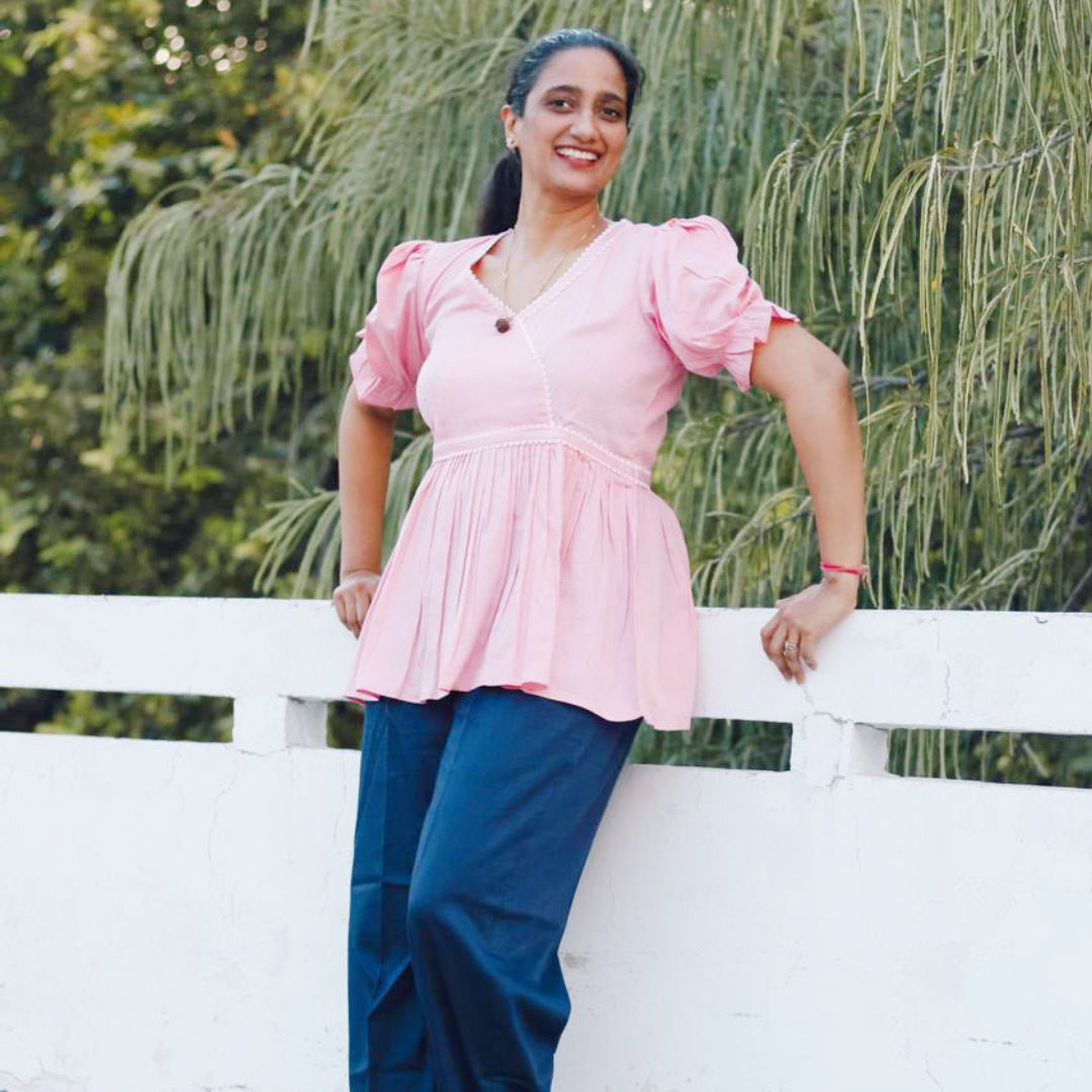 Classy Pink Top with Blue Trouser