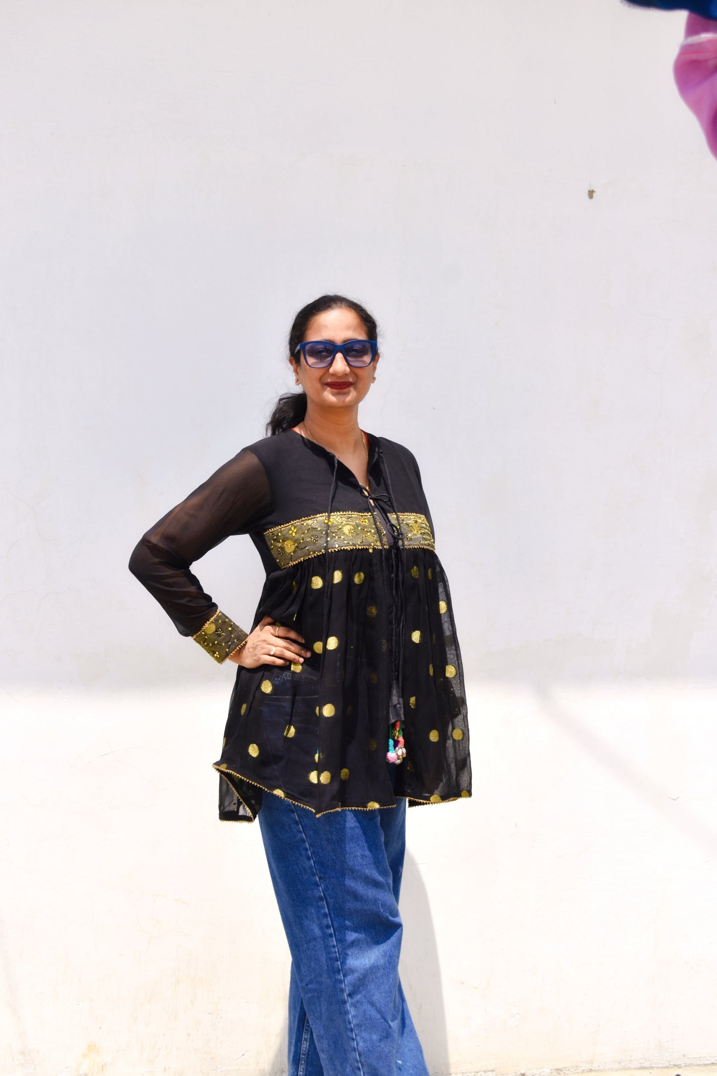 Black Sheer Polka Dot Top
