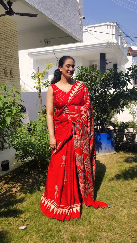 Kumkum Ajrakh- Pure Modal Silk Saree