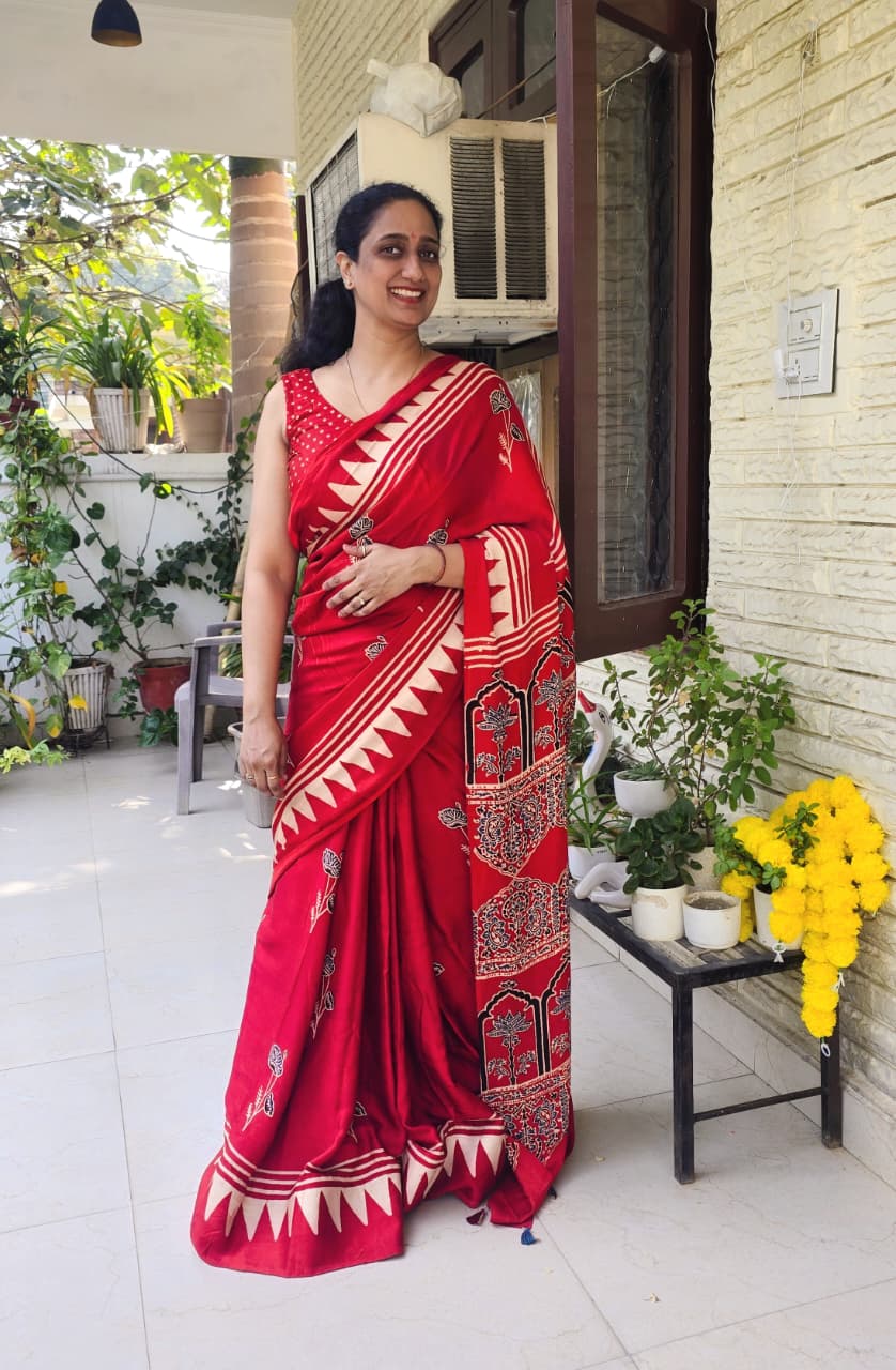 Kumkum Ajrakh- Pure Modal Silk Saree