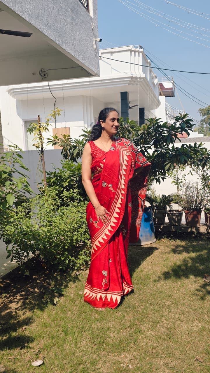 Kumkum Ajrakh- Pure Modal Silk Saree